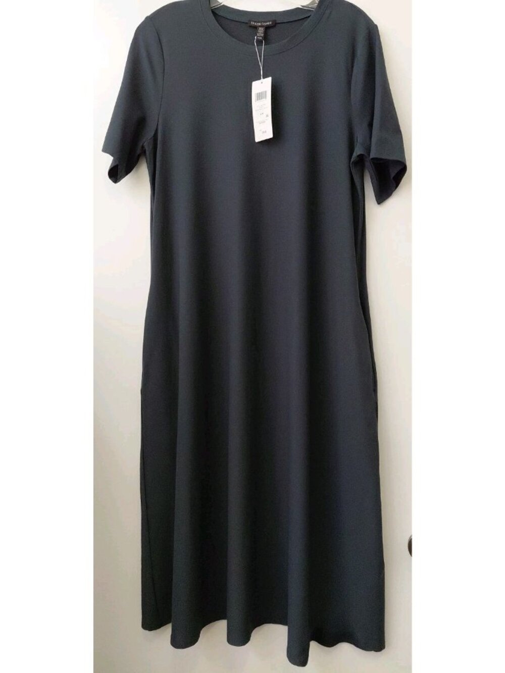 Eileen Fisher Crepe Midi Dress Short Sleeve Pockets Med Forrest Green NWT